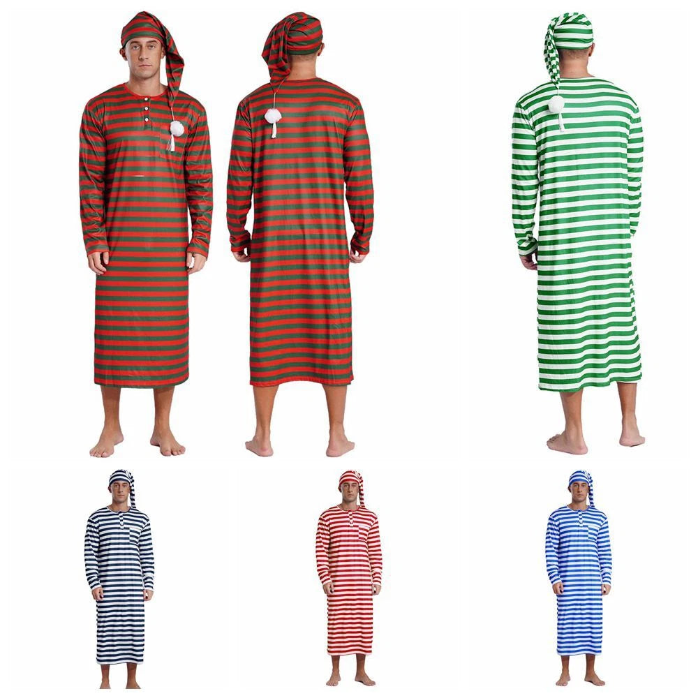 Men's Pajamas Set Long Sleeve Striped Robe Round Neck Loose Sleepwear with Hat