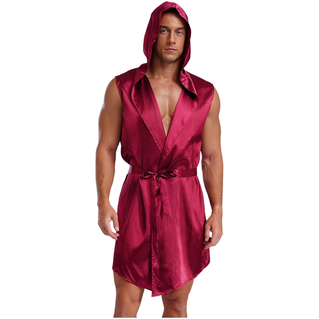Men's Satiny Pajama Robe Set Sleeveless Silk Hooded Bathrobe with Belt Sleepwear