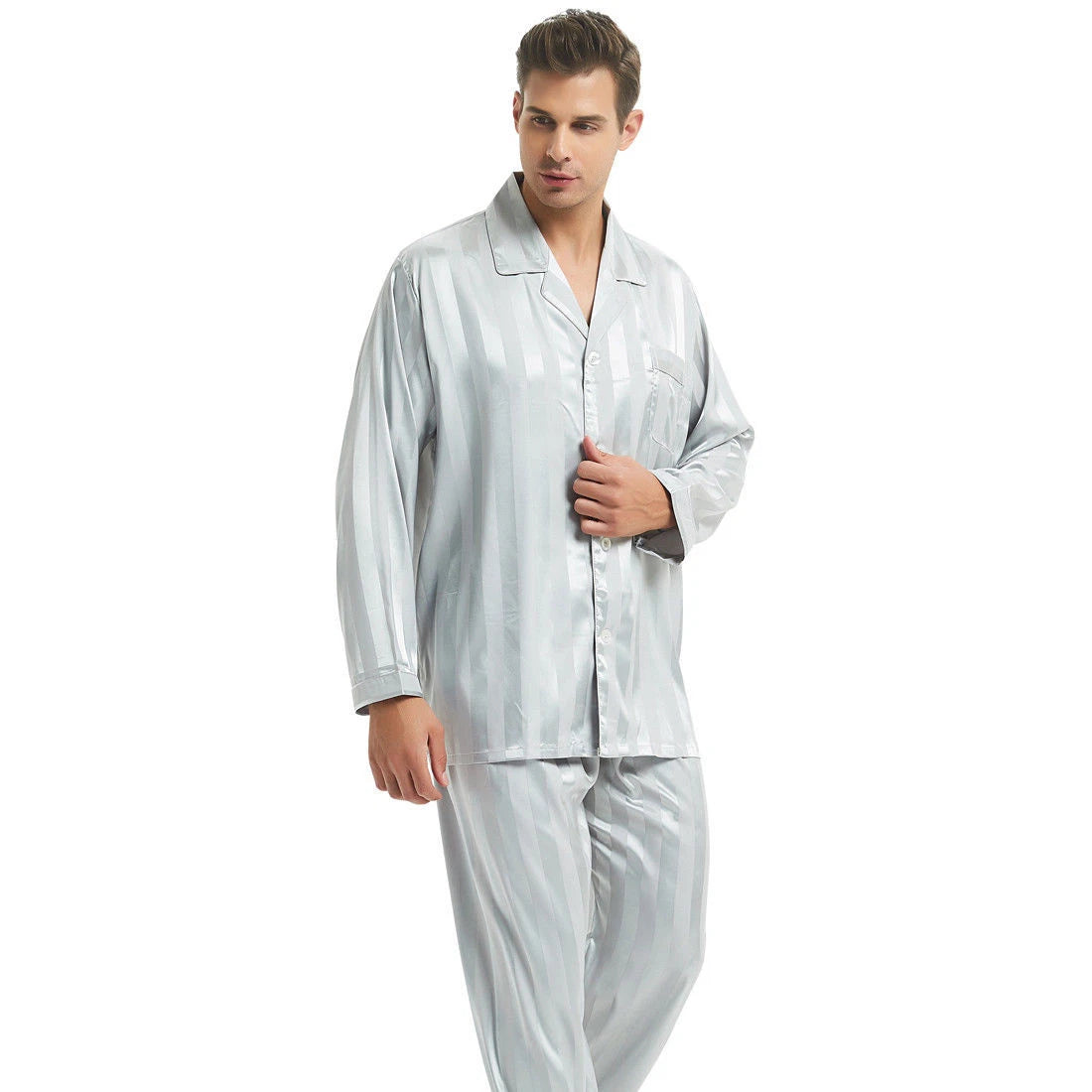 Mens Silk Satin Pajamas Sets Long Sleeves Pajamas Sleepwear Nightwear Loungewear