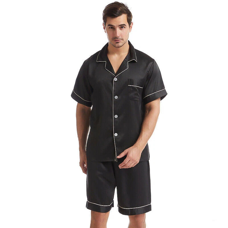 Mens Silk Satin Pajamas Pj Set Top and Shorts Sleepwear Nightwear Casual pijamas