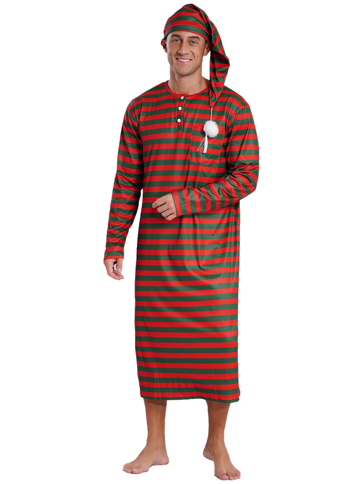 Men's Pajamas Set Long Sleeve Striped Robe Round Neck Loose Sleepwear with Hat