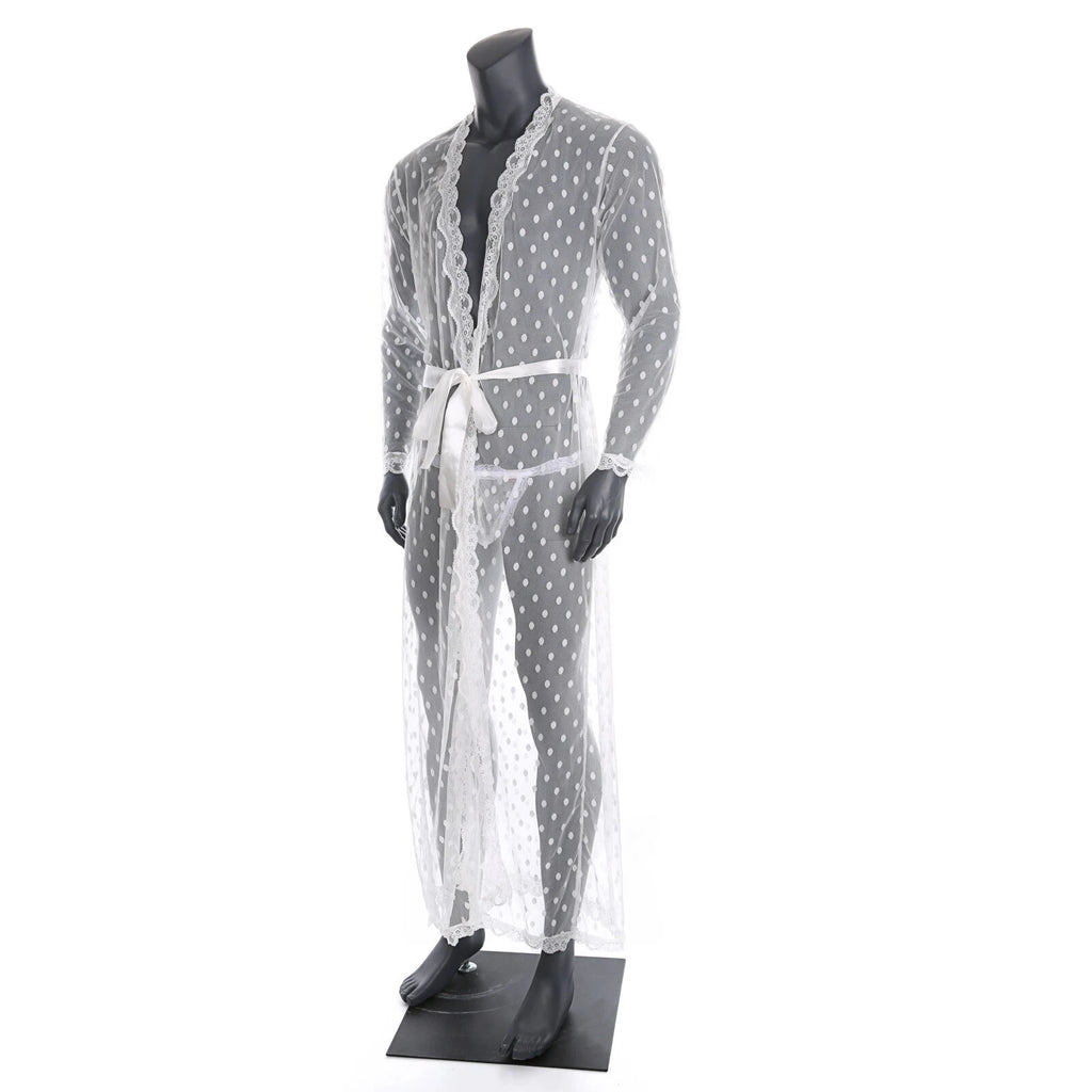 Men Bathrobe Lace Gown Kimono Long Sleeves Robe Pajamas See-through Thong Set