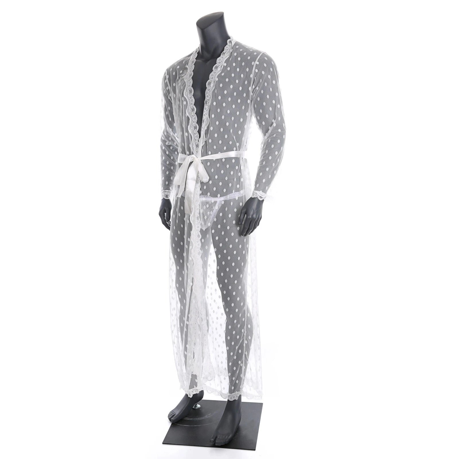Men Bathrobe Lace Gown Kimono Long Sleeves Robe Pajamas See-through Thong Set