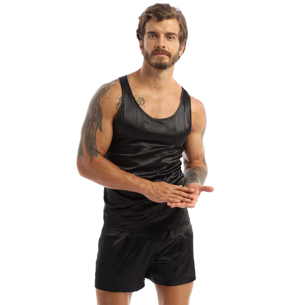 Men's Silk Satin Pajamas Set Vest Top and Boxer Shorts Sleepwear Home Loungewear