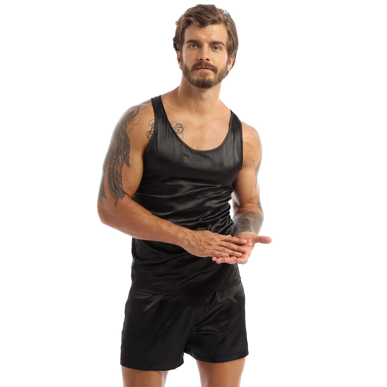 Men's Silk Satin Pajamas Set Vest Top and Boxer Shorts Sleepwear Home Loungewear
