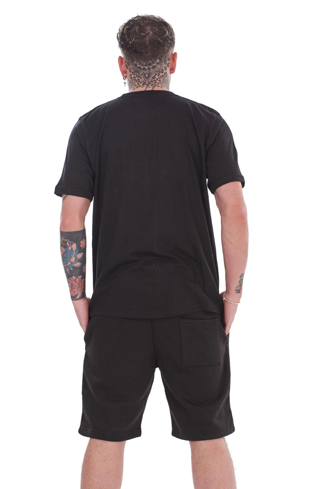 Mens Cotton Pyjama Short Set Jersey Round Neck Top Fleece Zipped Pockets Short