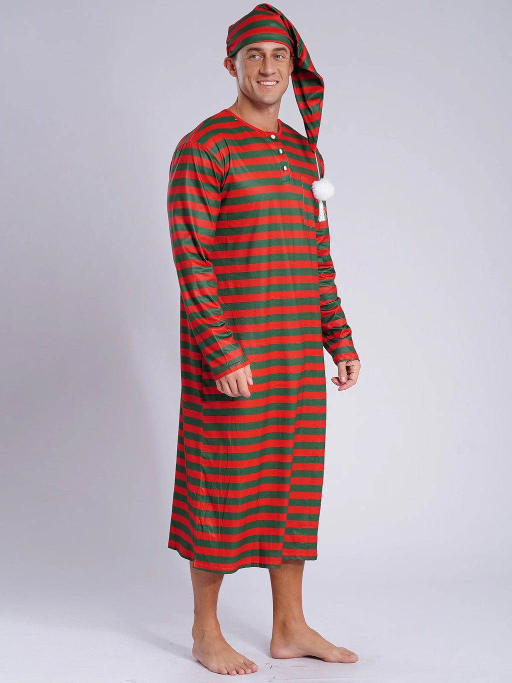 Men's Pajamas Set Long Sleeve Striped Robe Round Neck Loose Sleepwear with Hat