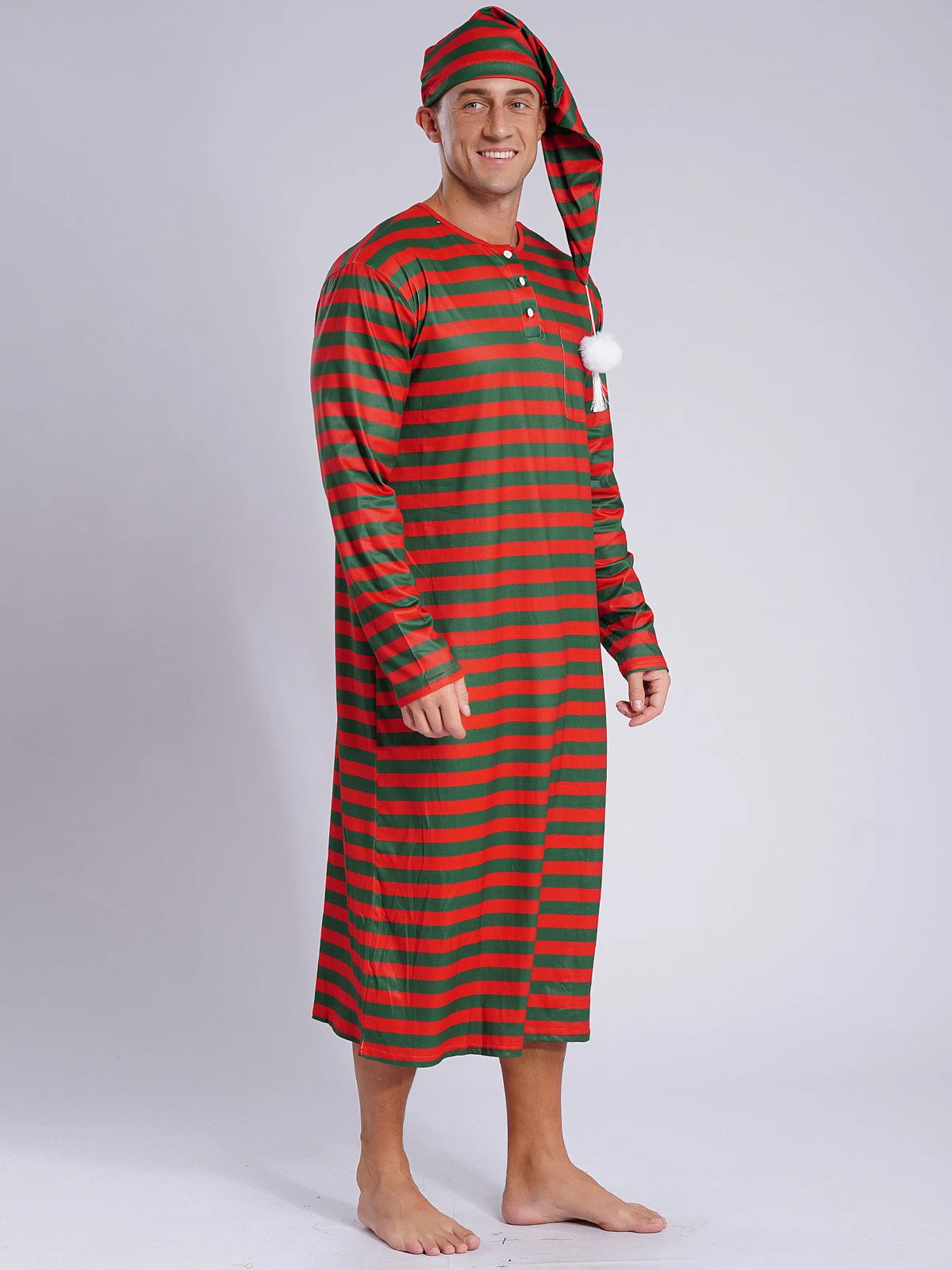 Men's Pajamas Set Long Sleeve Striped Robe Round Neck Loose Sleepwear with Hat
