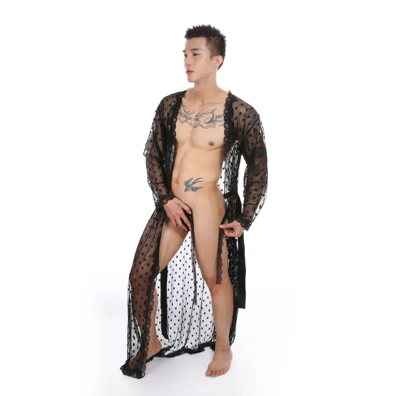 Mens Dress Long Sleeve Bathrobe Kimono Pajamas Lace Clear Thong Set-