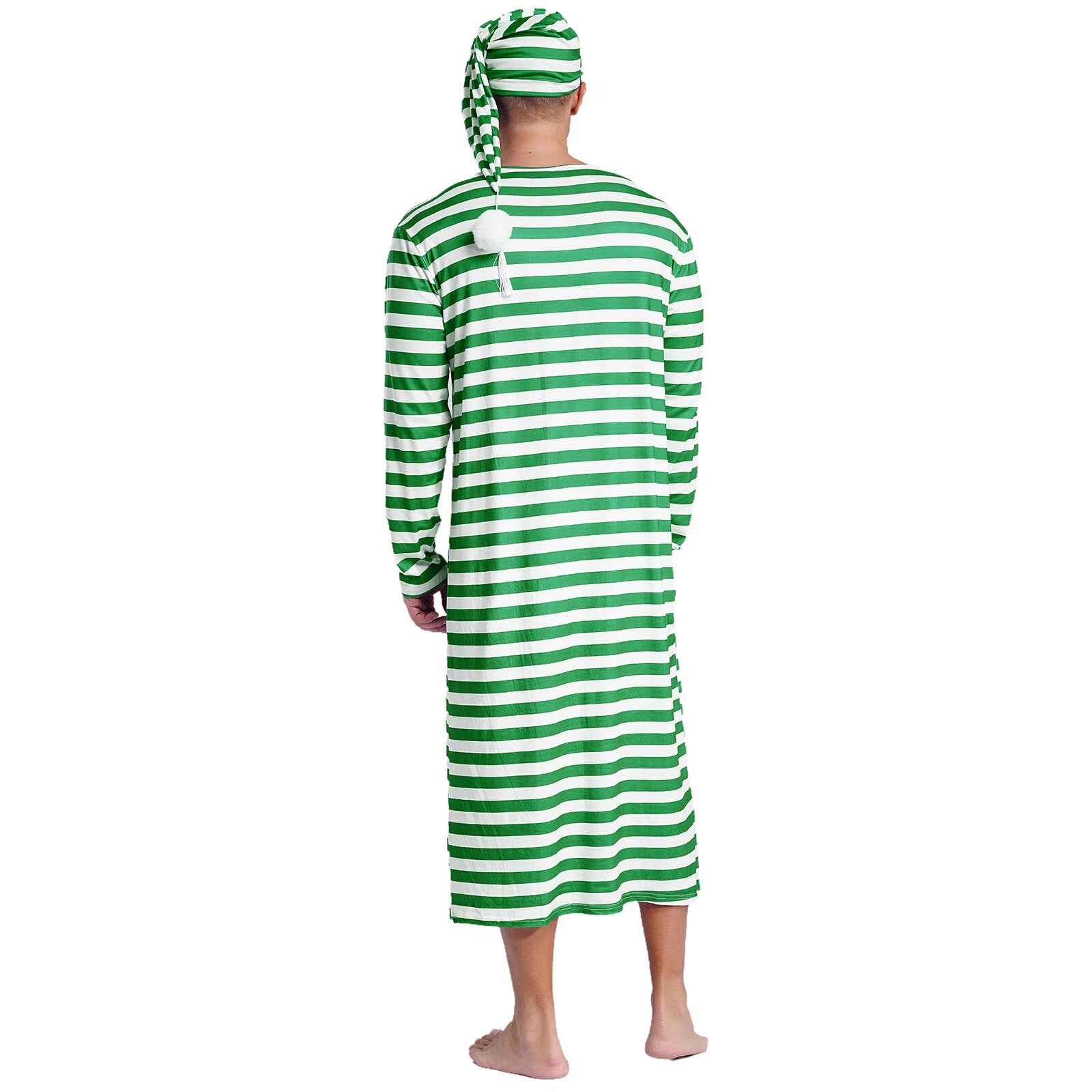Men's Pajamas Set Long Sleeve Striped Robe Round Neck Loose Sleepwear with Hat