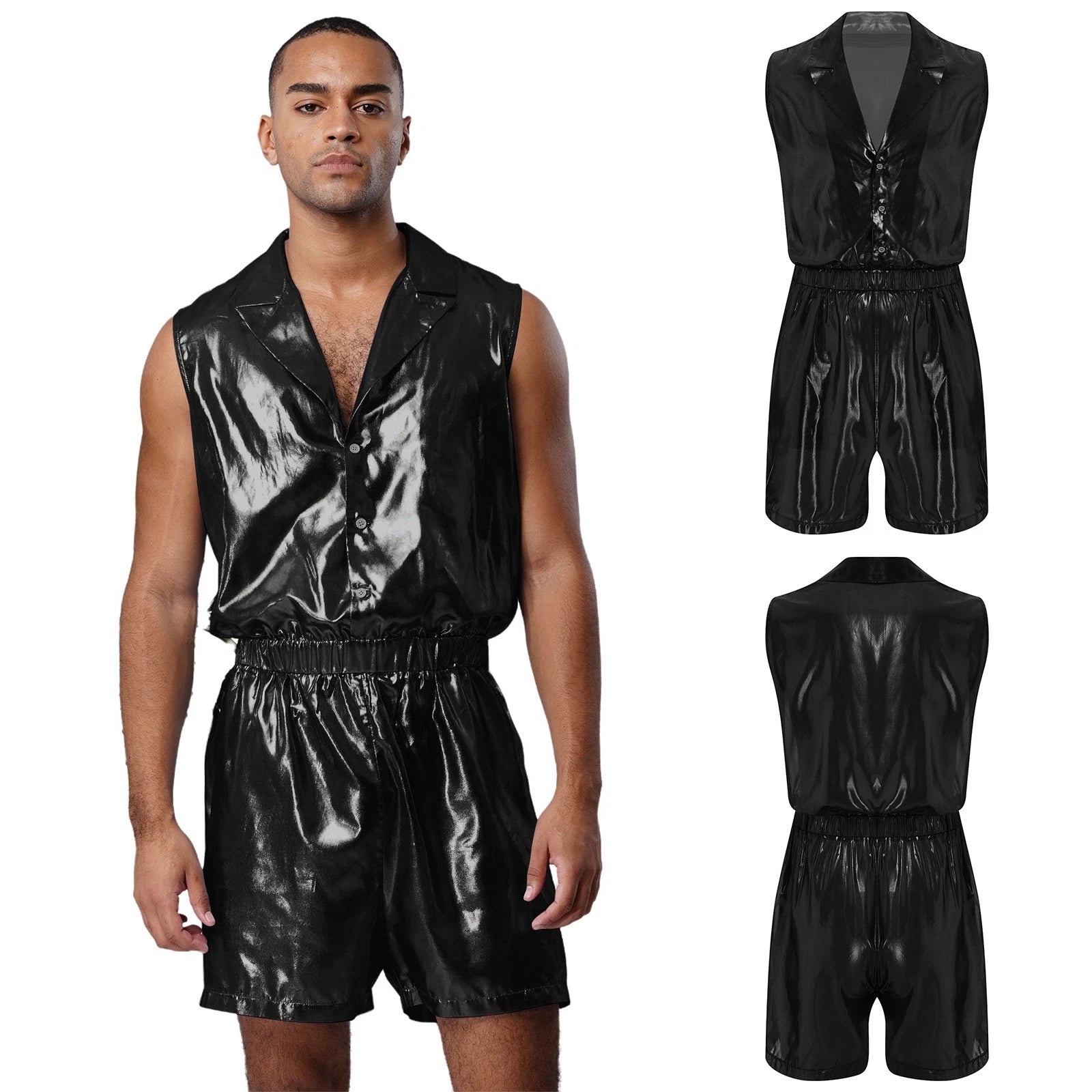 Men Shiny Glossy See-Through Metallic Chiffon Jumpsuit Bodysuit /Pajama Set