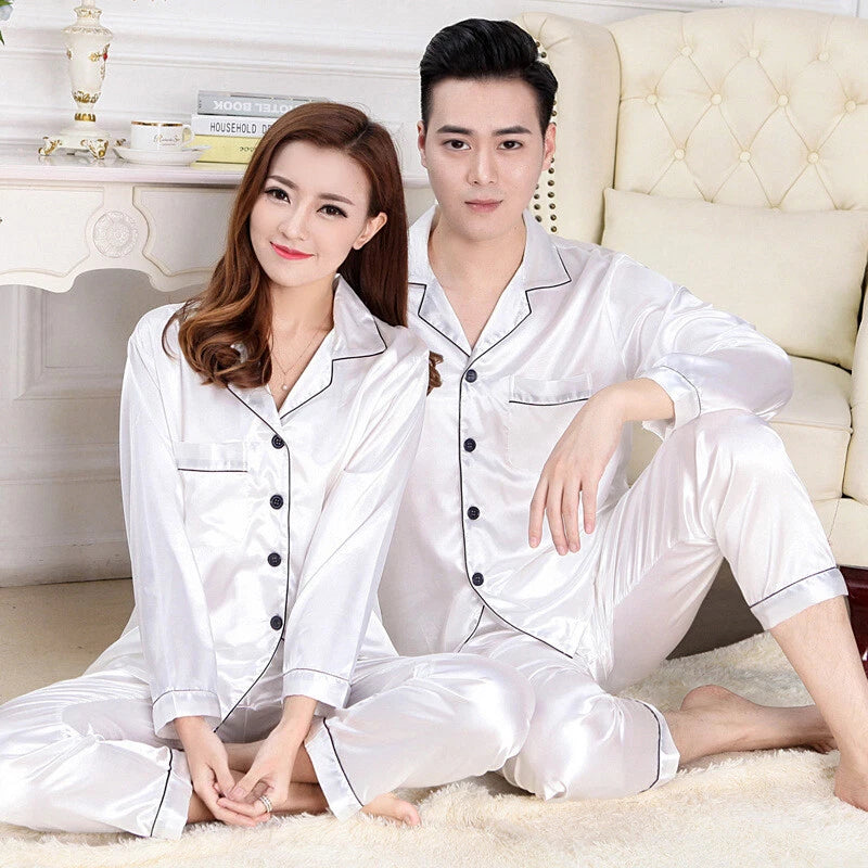 Men Women Silk Satin Pajamas Set Couple Sleepwear Lovers Unisex Nightwear Pijama