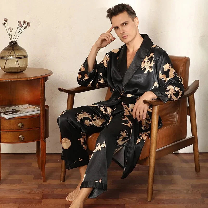 2024 New Men's Satin Pajama Robe and Pants Pajama Set Hot