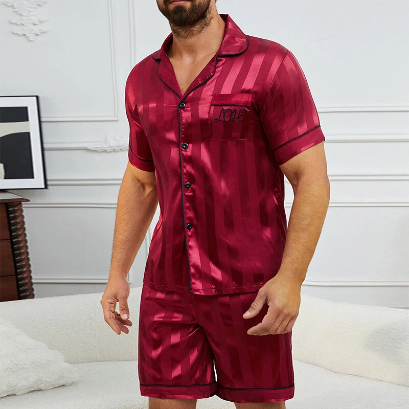 Mens Silk Satin Pajamas Set Sleepwear Stripe Short Sleeve PJ Set Top and Bottom