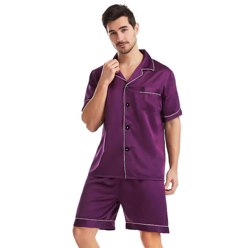 Mens Silk Satin Pajamas Pj Set Top and Shorts Sleepwear Nightwear Casual pijamas