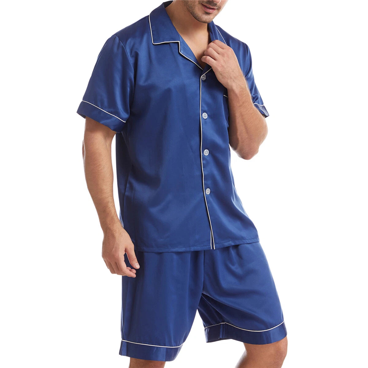 Men Satin Pajamas Set Shorts + Shirt Sleepwear Lounge Nightwear Buttons Outfit