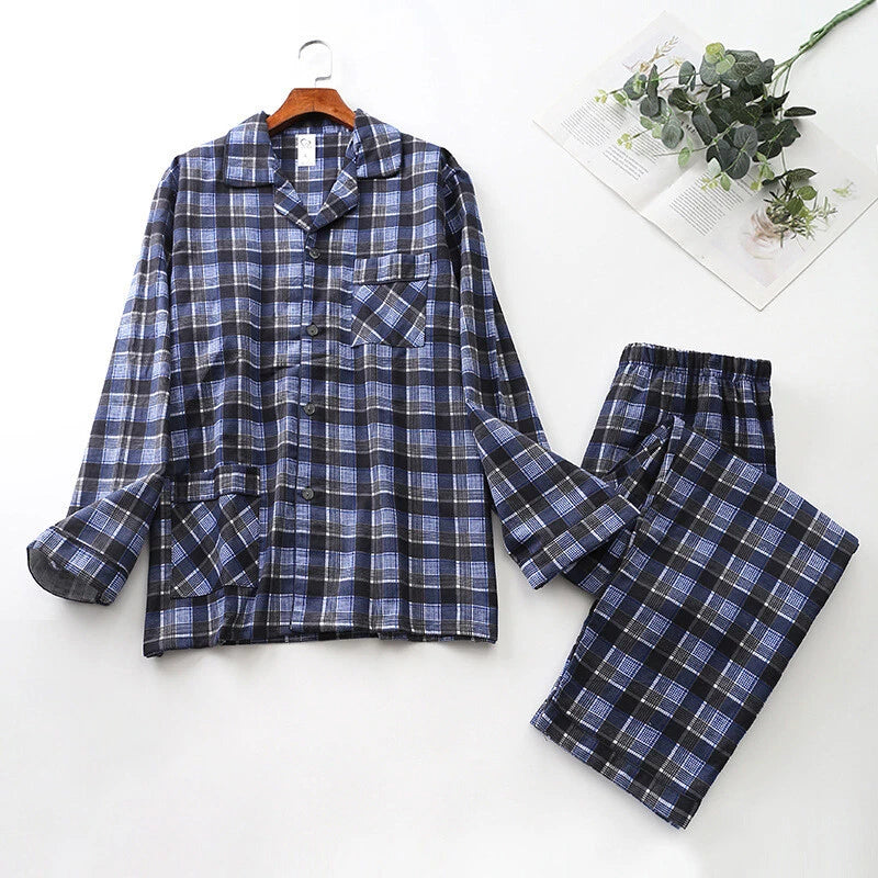 Men Cotton Pajamas Set Long Sleeve Button Soft Pants Sleepwear High Quality