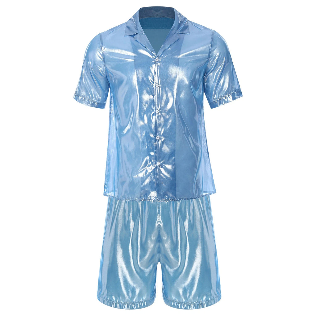 Men Shiny Glossy See-Through Metallic Chiffon Jumpsuit Bodysuit /Pajama Set