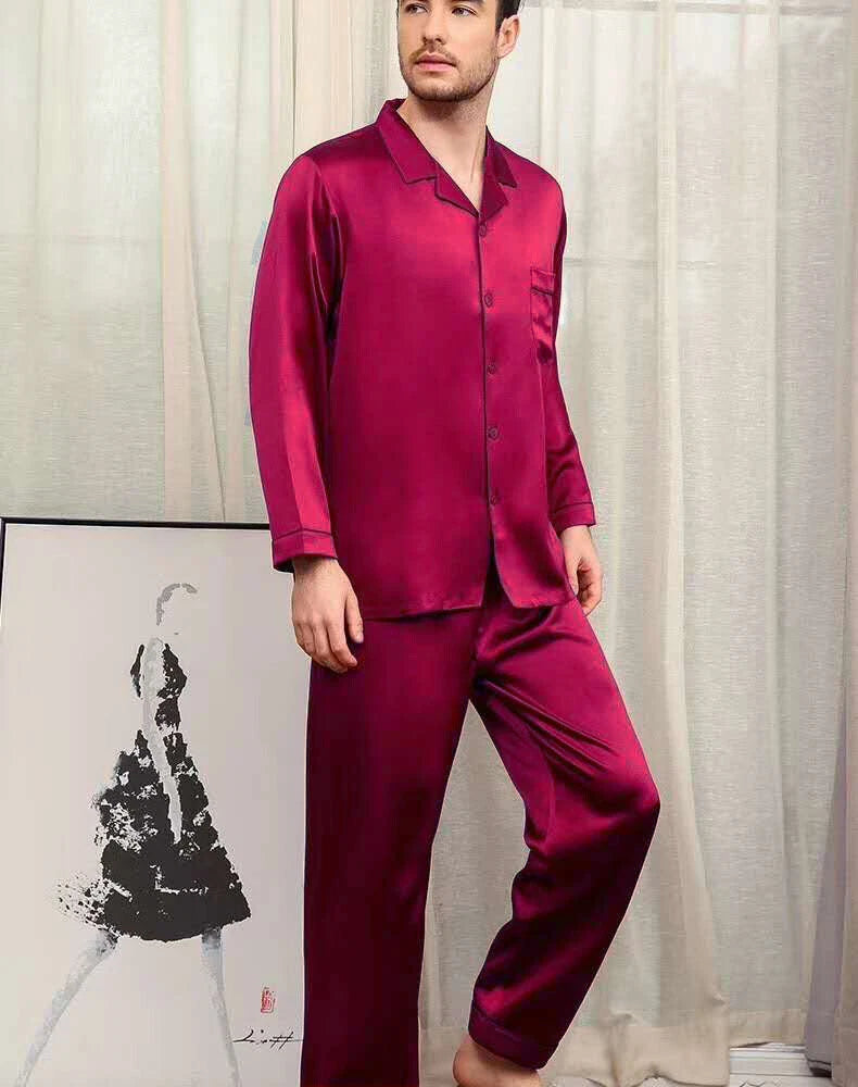 Men's 30MM 100% Pure Mulberry Silk Pajamas Set Long Sleeves Silk Sleepwear S~XXL