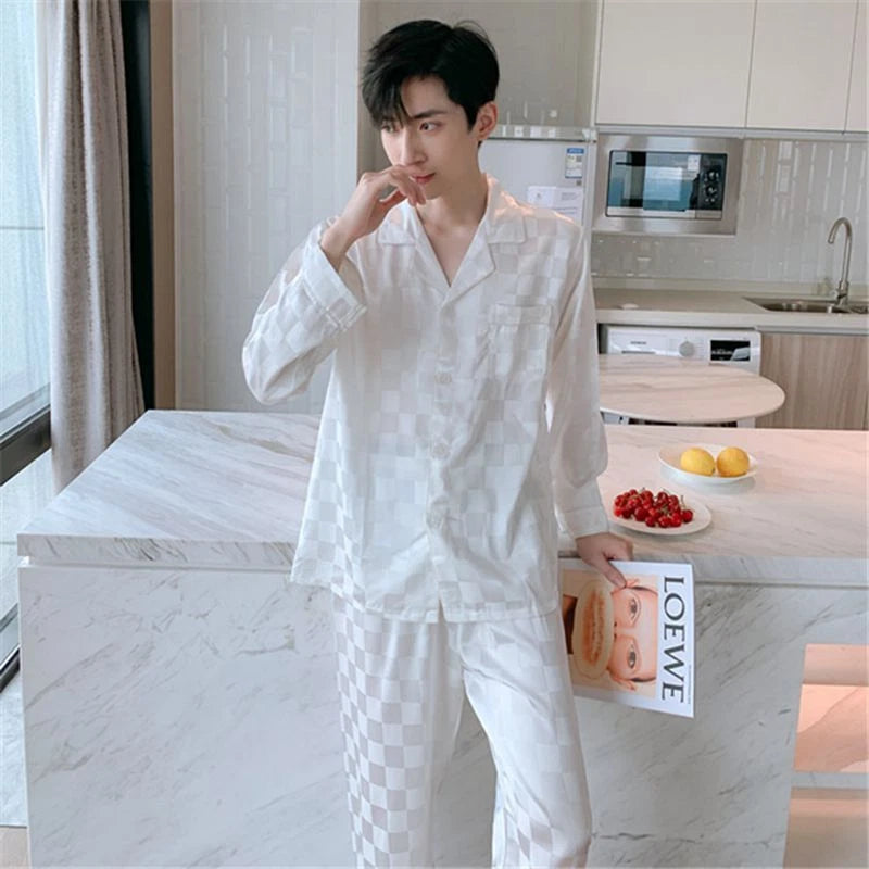 Luxury Mens Silk Satin Pajamas Set Soft Pyjamas Long Sleeve Sleepwear Loungewear