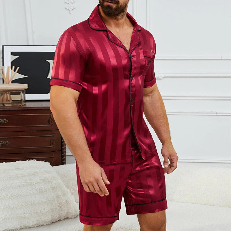 Mens Silk Satin Pajamas Set Sleepwear Stripe Short Sleeve PJ Set Top and Bottom