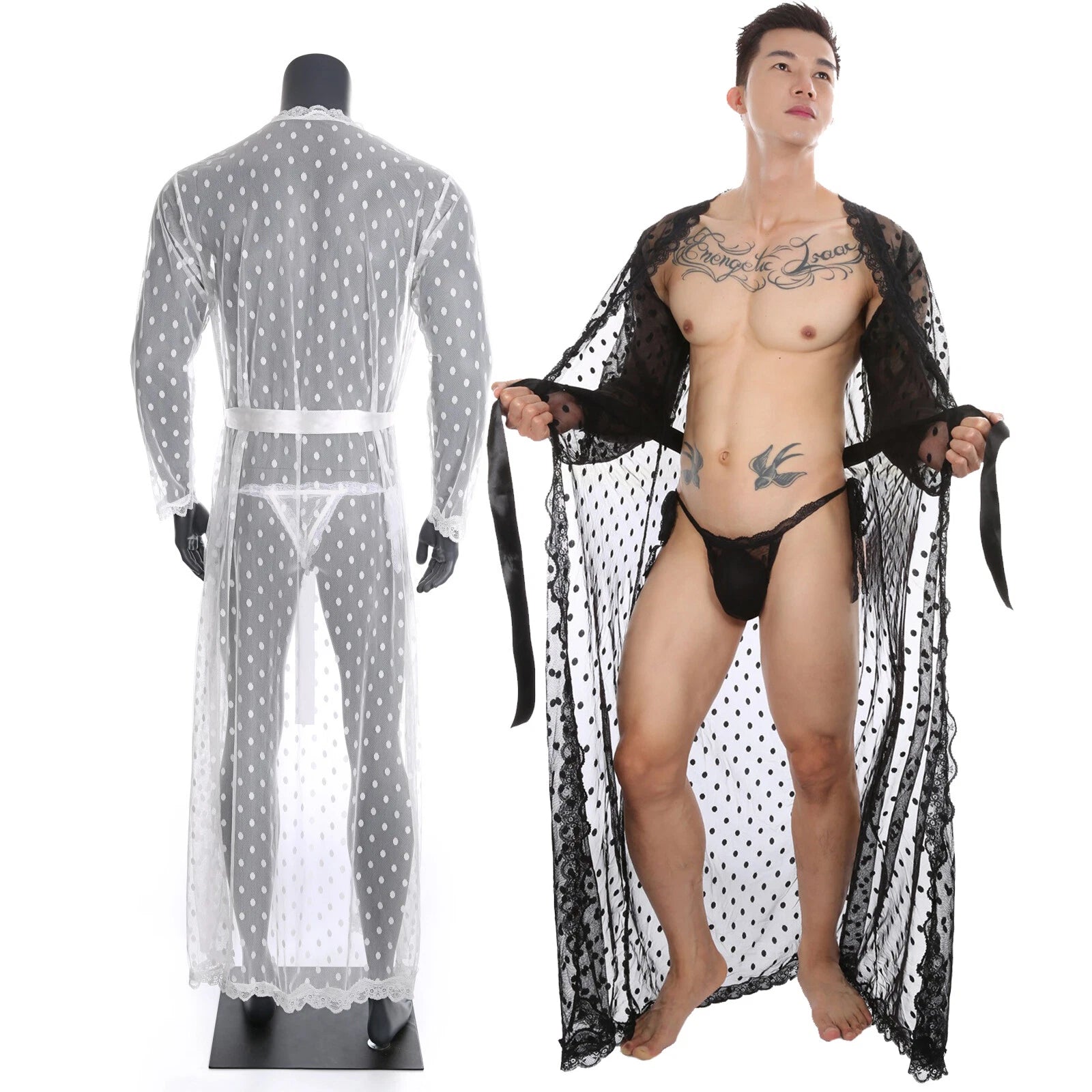 Mens Dress Long Sleeve Bathrobe Kimono Pajamas Lace Clear Thong Set-