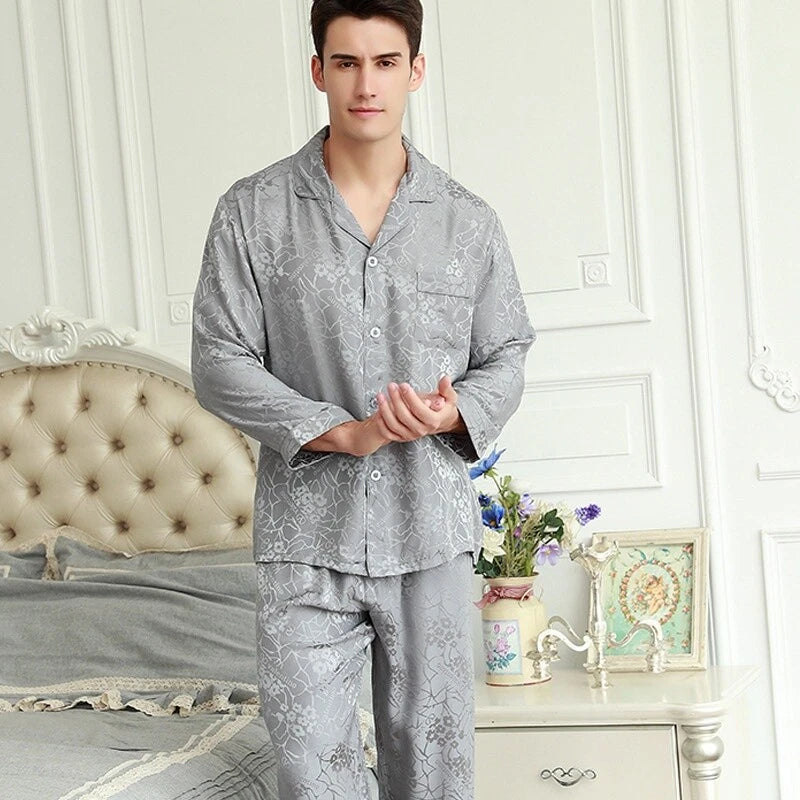 Men's 19MM 100% Pure Mulberry Silk Pajamas Set Long Sleeves Silk Sleepwear S~XXL