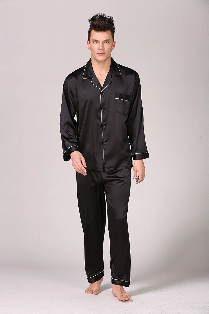 Mens Satin Silk Pyjamas Set Long Traditional Button Up Pyjama PJs Nightwear New
