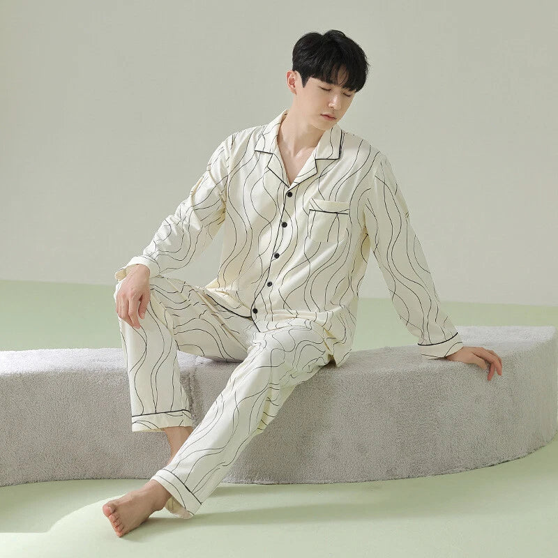 Mens Pyjamas Set Antibacterial Cotton Long Sleeve Homewear Comfortable Sleepwear