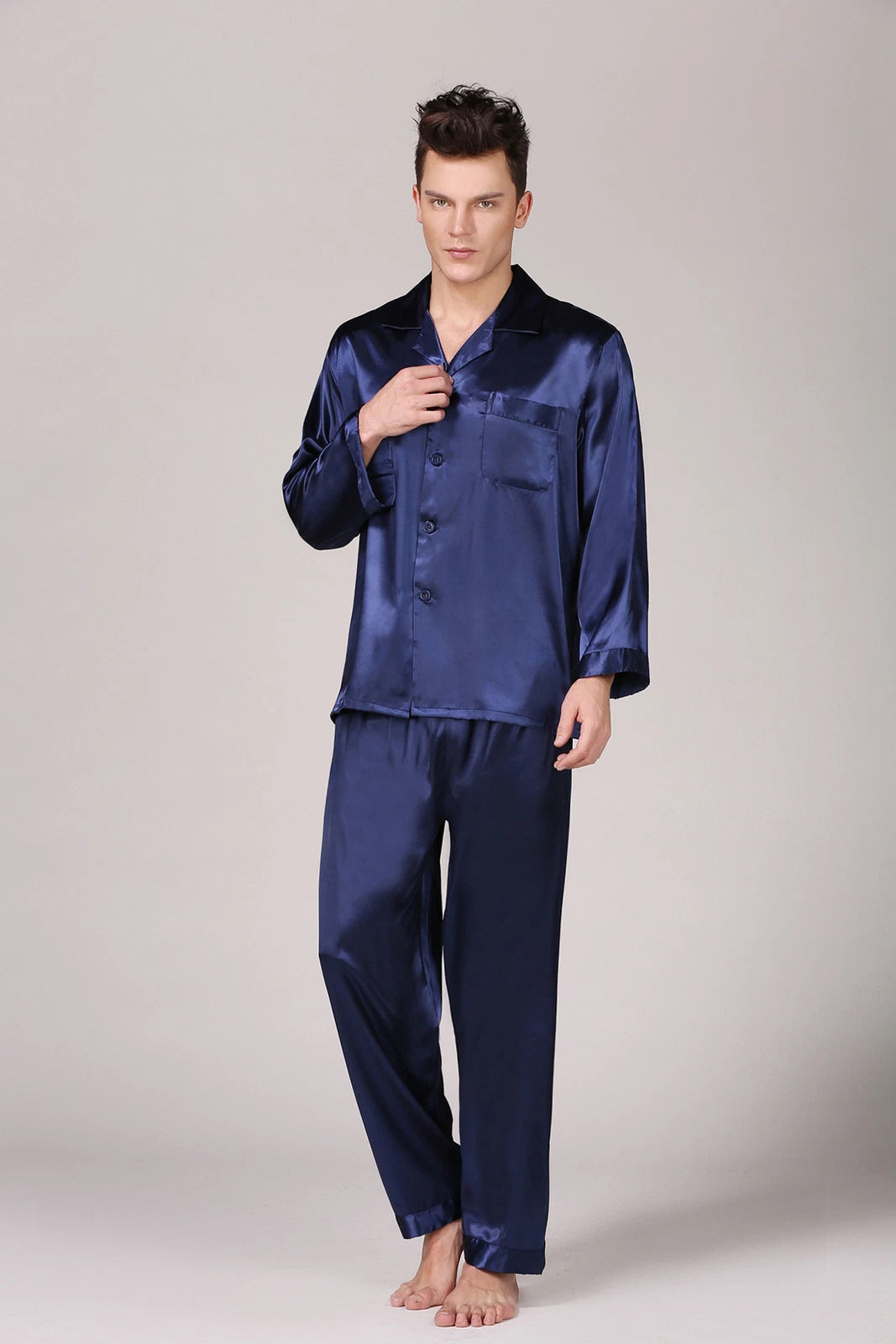 Mens Satin Silk Pyjamas Set Long Traditional Button Up Pyjama PJs Nightwear New