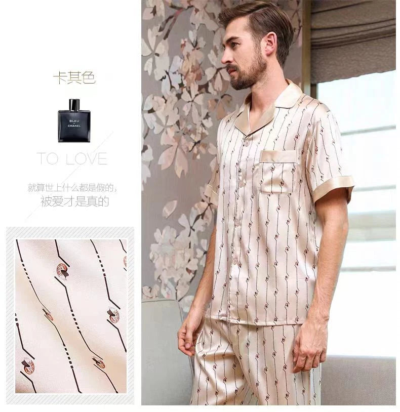 Men's Print 100% Mulberry Silk Pajamas Set Short Sleeves Silk Sleepwear S M L