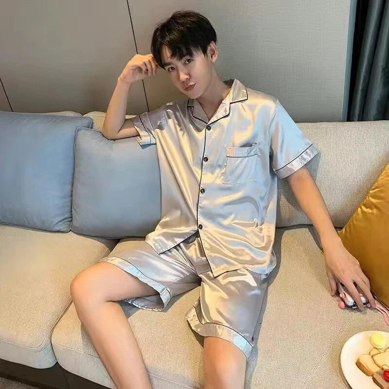 Mens Silk Satin Pajamas Pj Set Top and Shorts Sleepwear Nightwear Casual pijamas