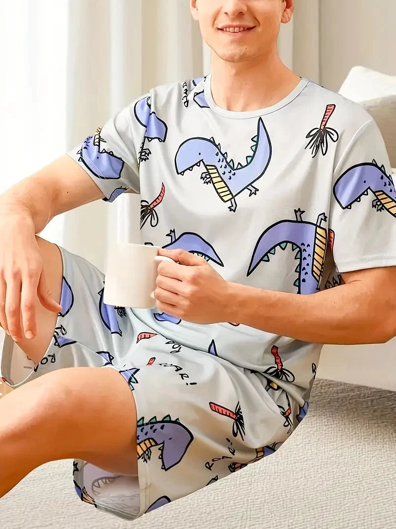 New Men's Dinosaur Pajama Set Short Sleeve & Shorts Comfy Soft- Size M to XXL -