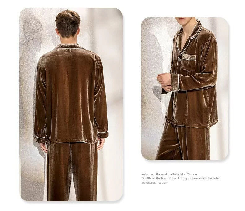 Men's Silk Velvet Pajamas Set Long Sleeves Silk Sleepwear  Camel S M L XL