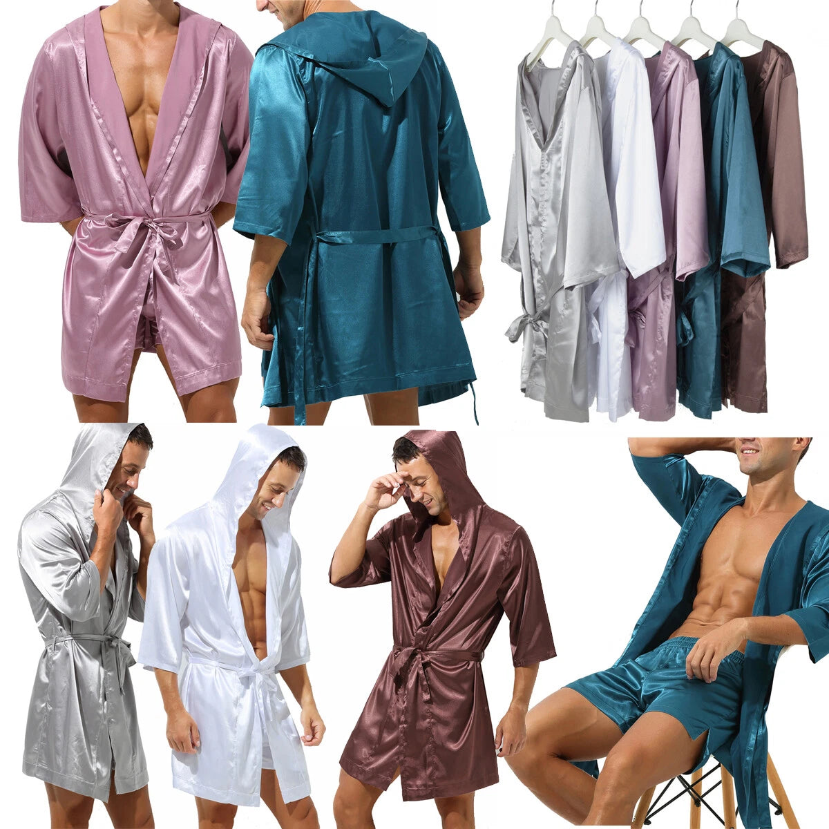 Mens Pajamas Set Night Sleep Robes Silk Satin Nightgown Bathrobe Shorts Homewear