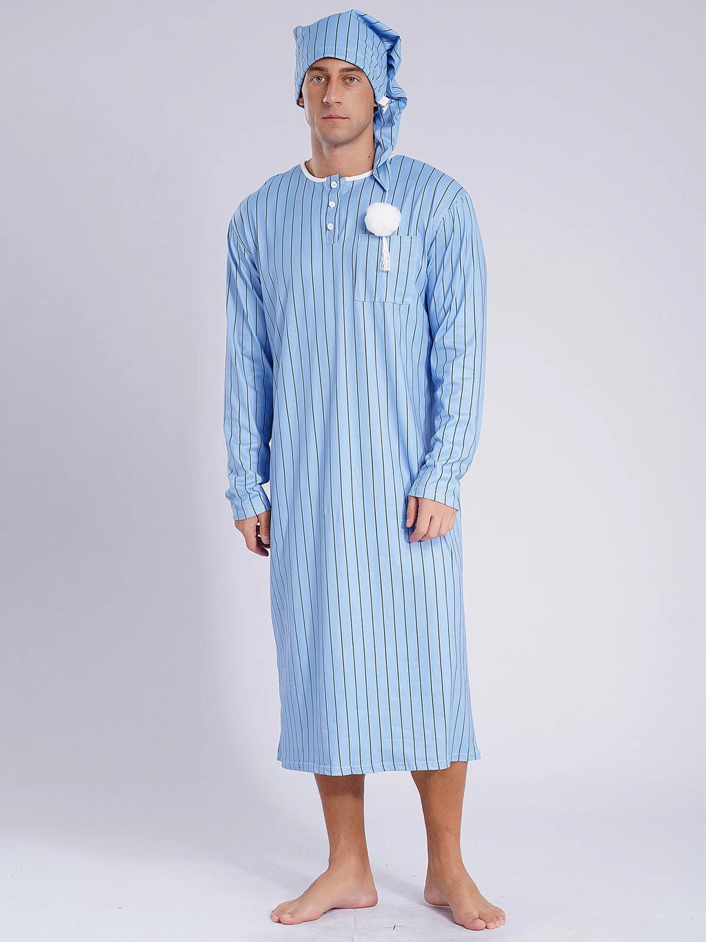 Mens Pyjama Set Nightdress Sleep Shirt Long Robe + Cotton Sleep Cap Night-