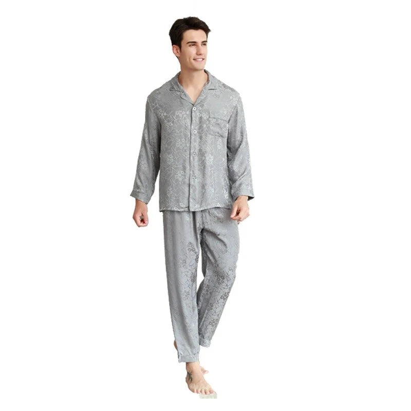Men's 19MM 100% Pure Mulberry Silk Pajamas Set Long Sleeves Silk Sleepwear S~XXL