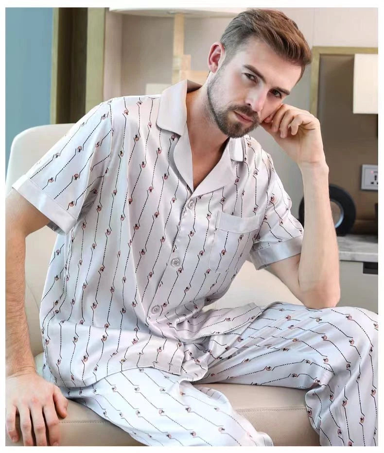 Men's Print 100% Mulberry Silk Pajamas Set Short Sleeves Silk Sleepwear S M L