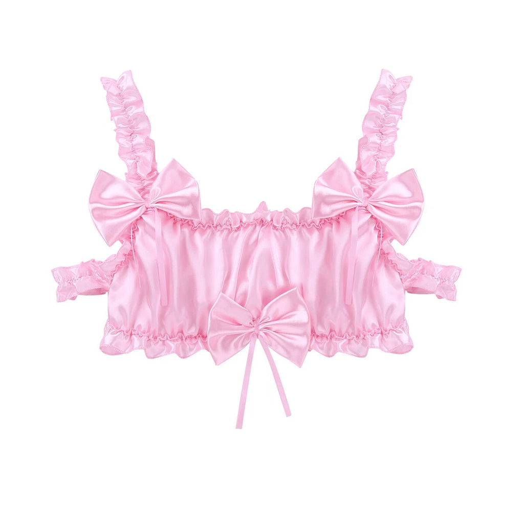 Men Ruffled Lingerie Set Cami Straps Bandeau Bra Thong 2Pcs Crossdresser Pajamas