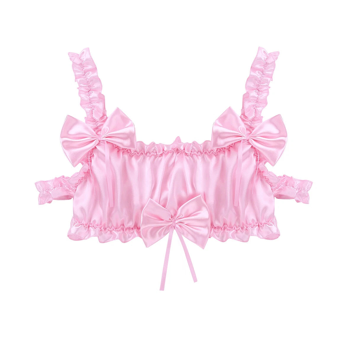 Men Ruffled Lingerie Set Cami Straps Bandeau Bra Thong 2Pcs Crossdresser Pajamas