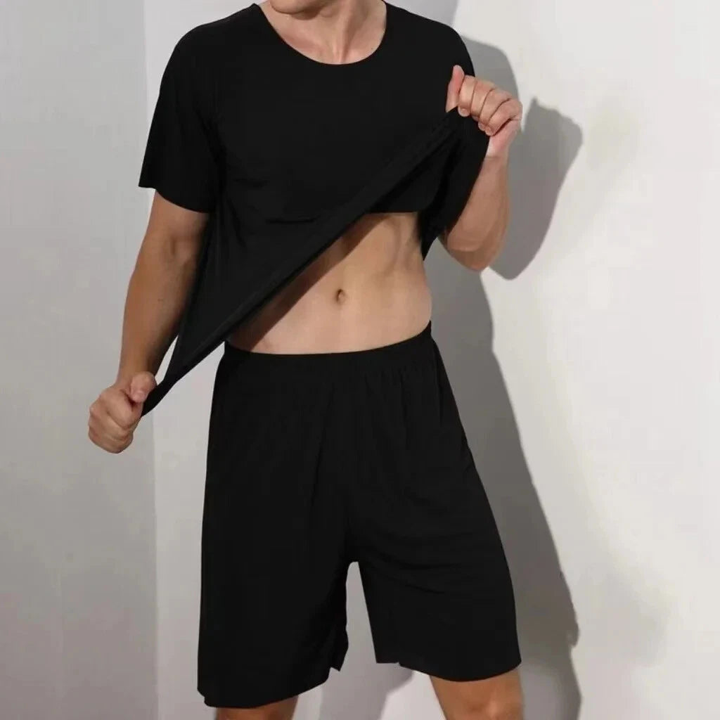 Men Two-piece Ice Silk Pajamas Loungewear Plus Size Home Set Summer Thin Modal