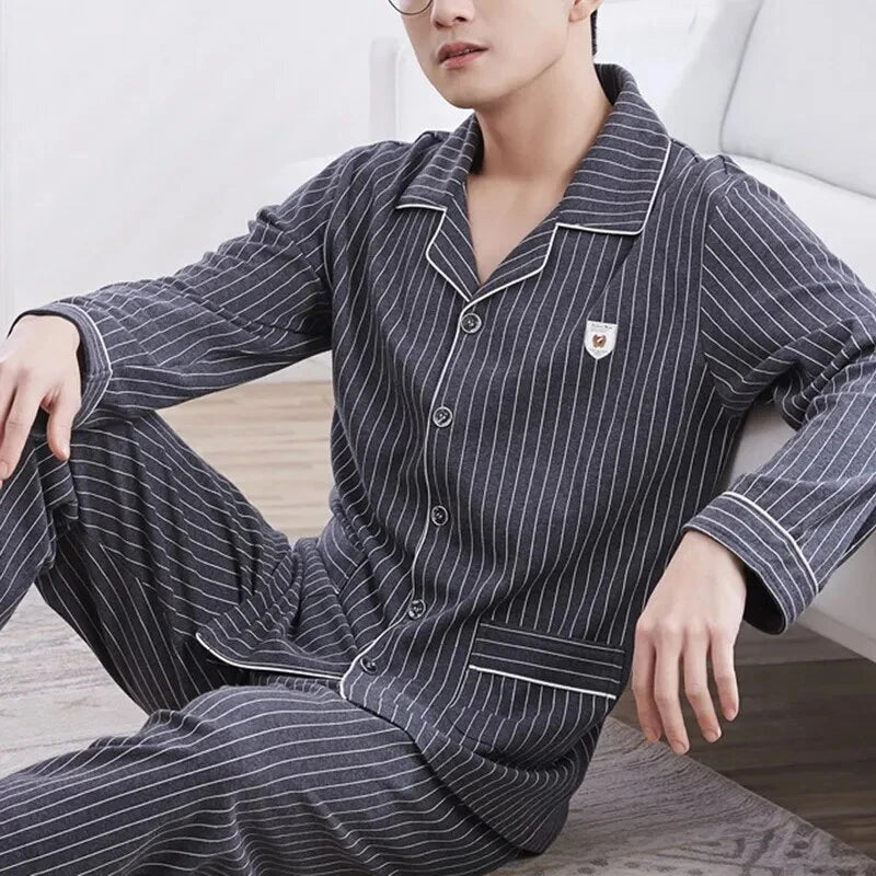 Men's Pajama Sets Simple Sleepwear Long Sleeve Cotton Top Pant Leisure Outwear