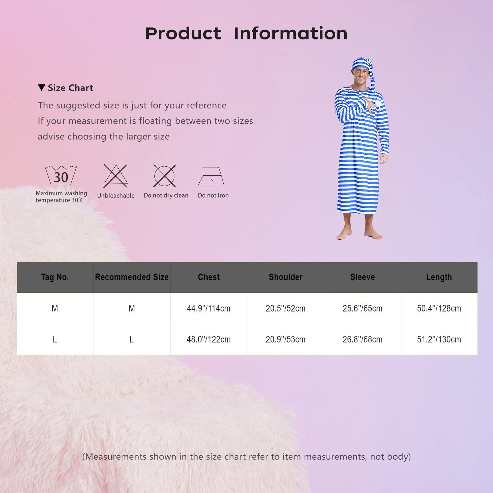 Men's Pajamas Set Long Sleeve Striped Robe Round Neck Loose Sleepwear with Hat