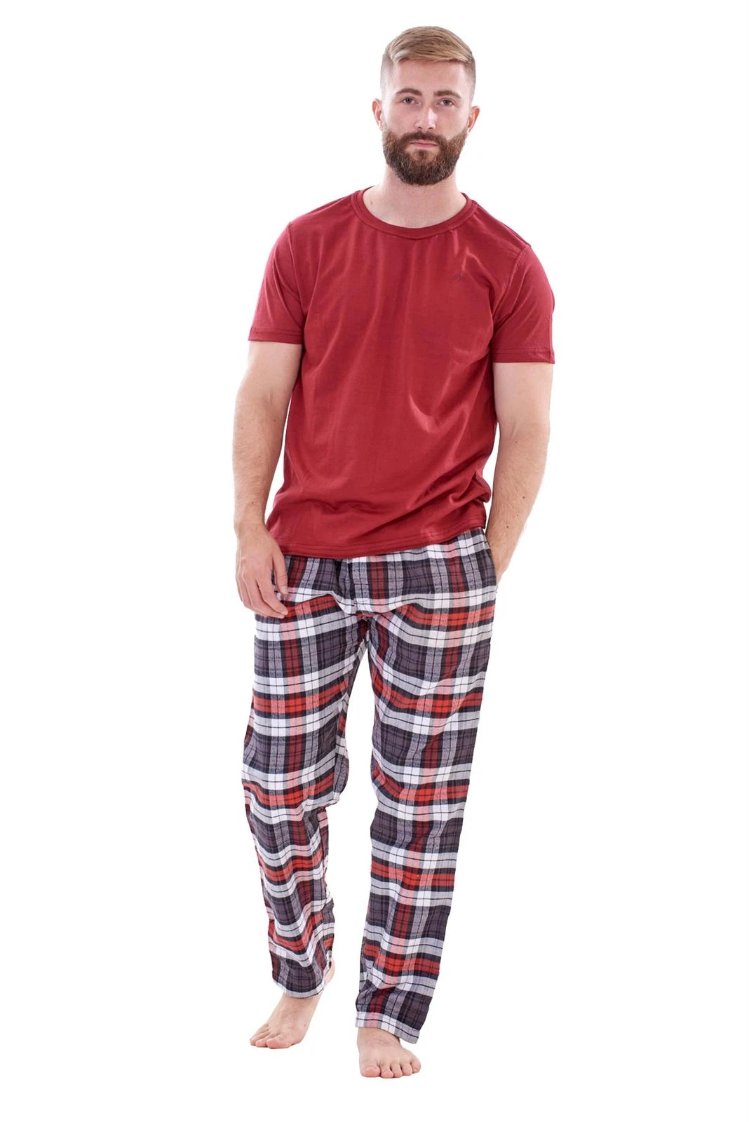 Mens Flannel Pyjama Set Brushed Cotton Check Jersey Top Loungewear Lightweight