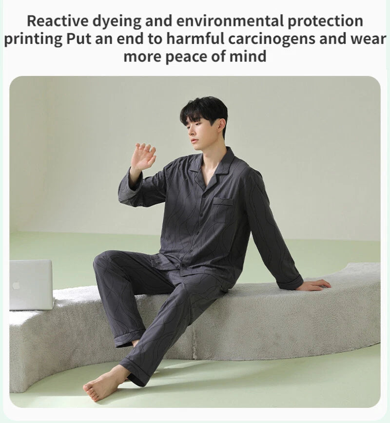 Mens Pyjamas Set Antibacterial Cotton Long Sleeve Homewear Comfortable Sleepwear