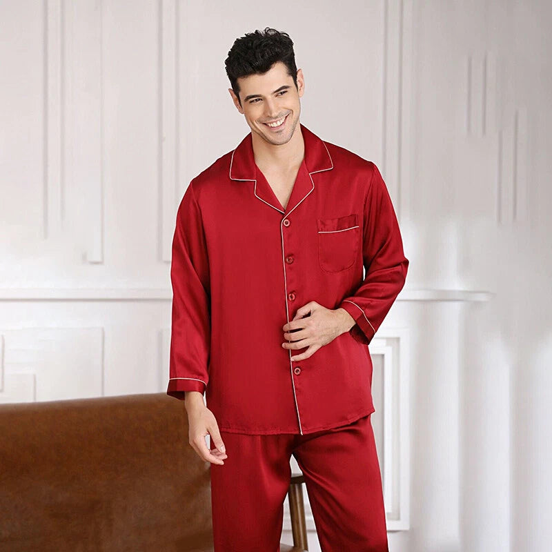 Mens Silk Satin Pajamas Set Sleepwear Pyjamas Long Sleeve PJ Set Top and Bottom