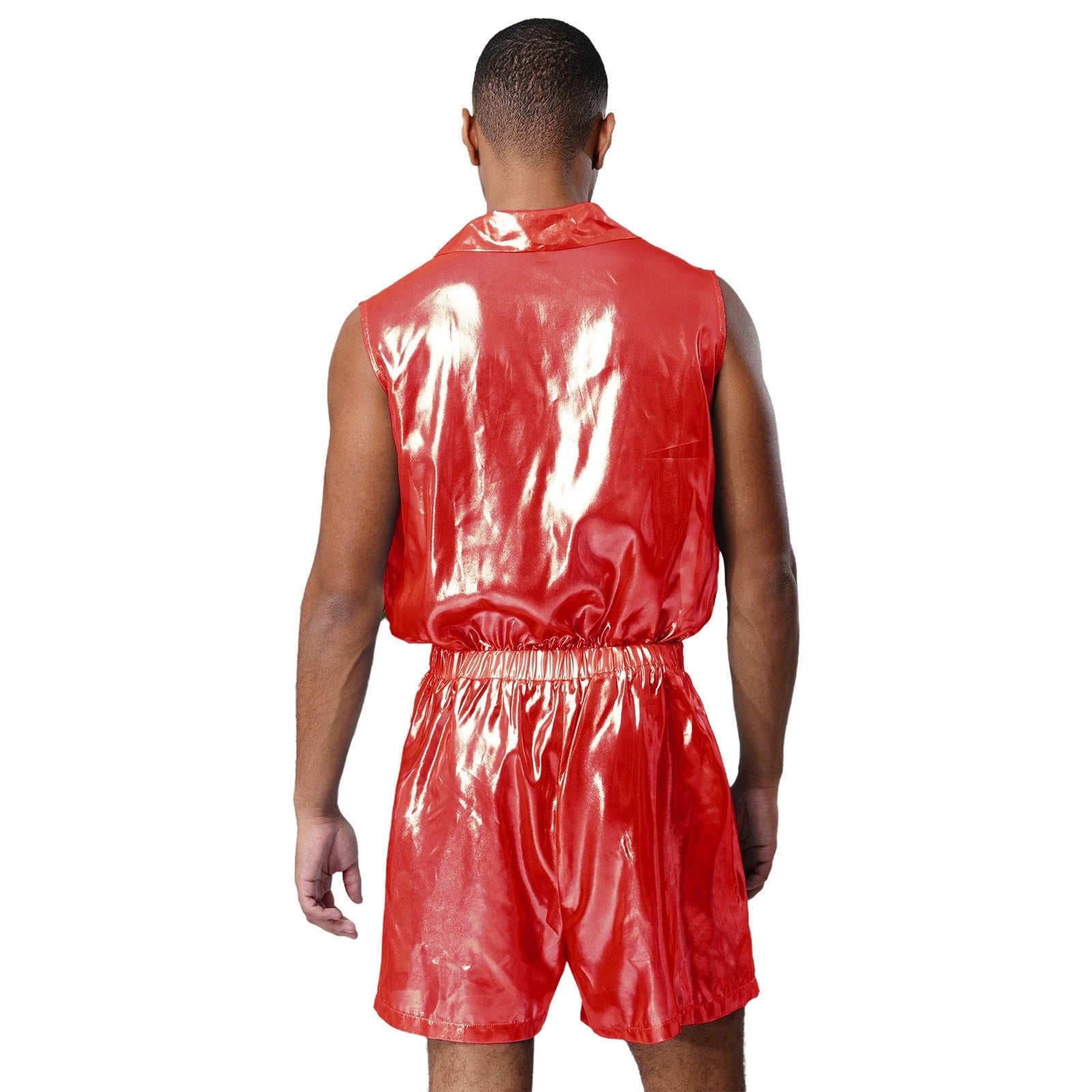 Men Shiny Glossy See-Through Metallic Chiffon Jumpsuit Bodysuit /Pajama Set