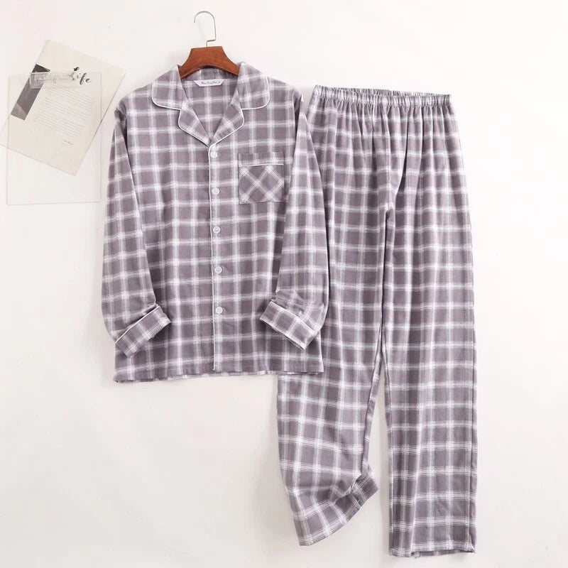 Men's Pajamas Set 100% Cotton Sleepwear Long Sleeve Button Top Pants Nightwear