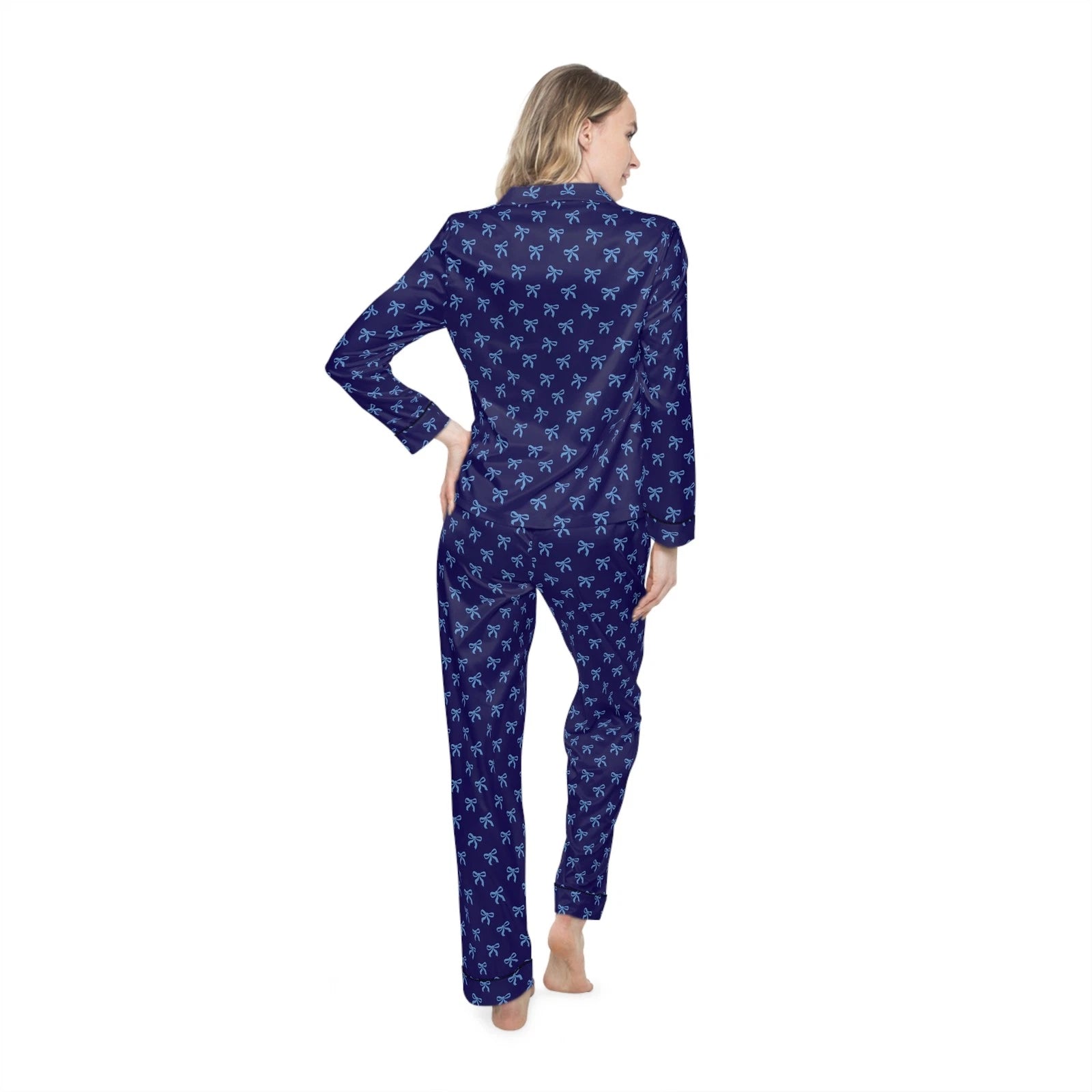 Navy Satin Pajama Set with Light Blue Bows, Women's Satin Pajamas, Silk Pajamas