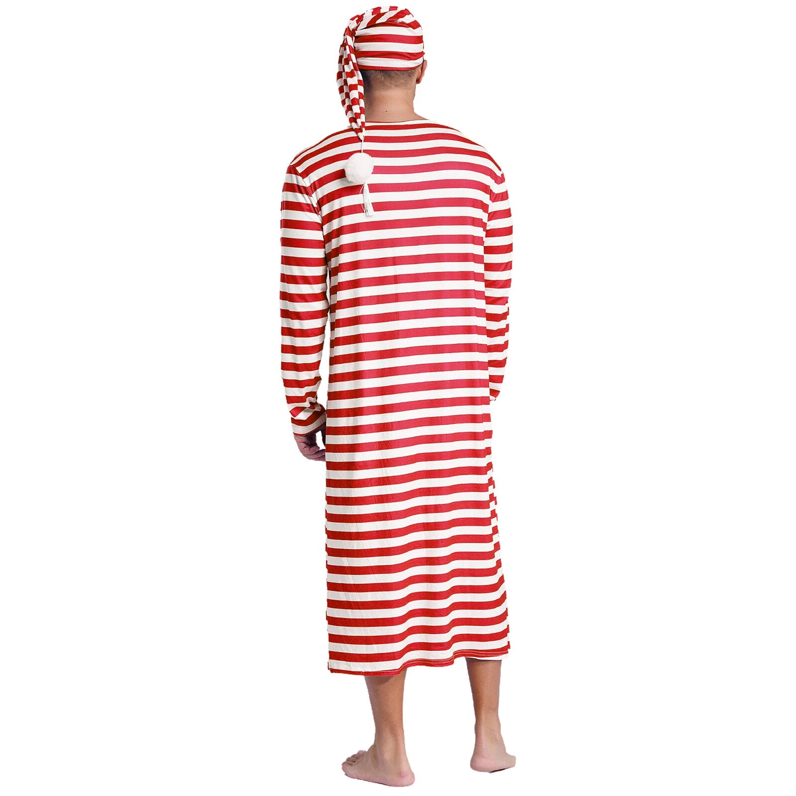 Men's Pajamas Set Long Sleeve Striped Robe Round Neck Loose Sleepwear with Hat